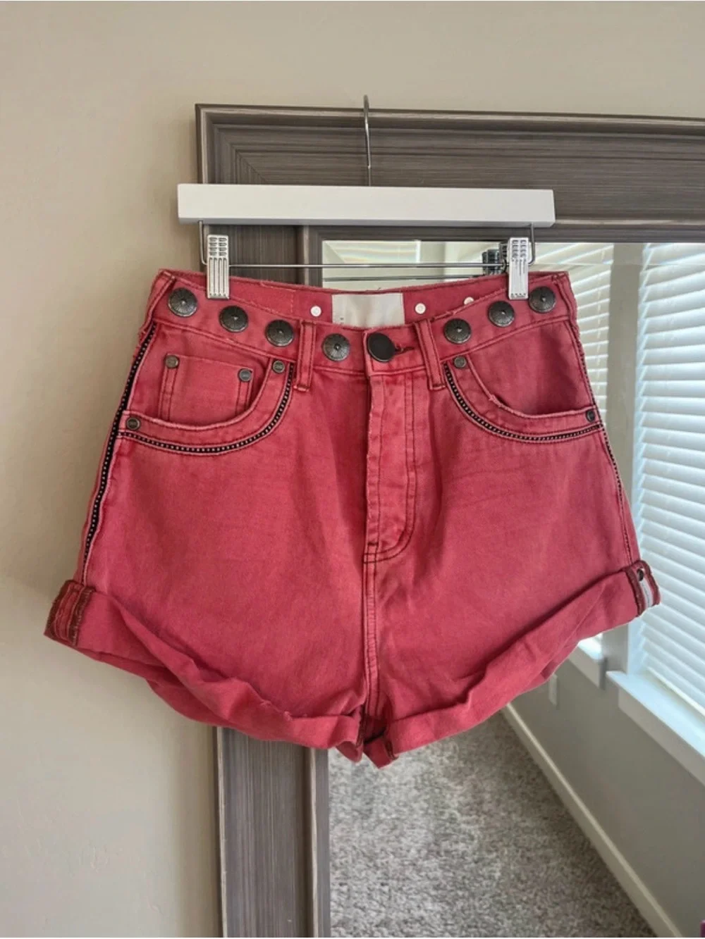 One Teaspoon High-Rise Coral Denim Jeans with Decorative Buttons